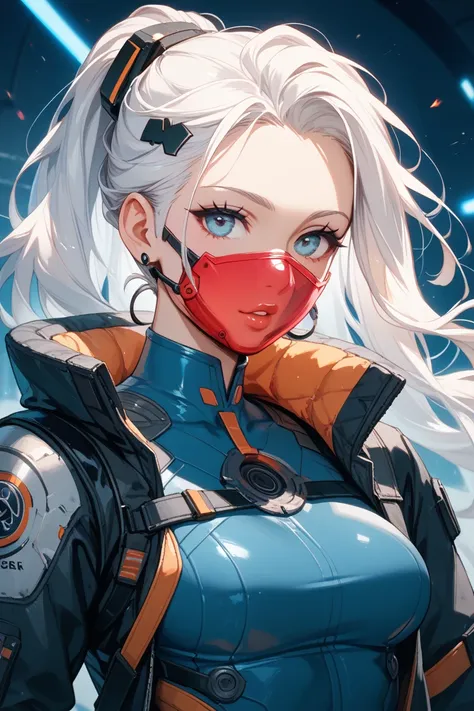 "Create an anime-style artwork featuring a character with long white hair in a futuristic outfit. The character should be surrounded by abstract, circular, and mechanical elements with a sci-fi or cyberpunk vibe. Add motion effects to the character's outfi...