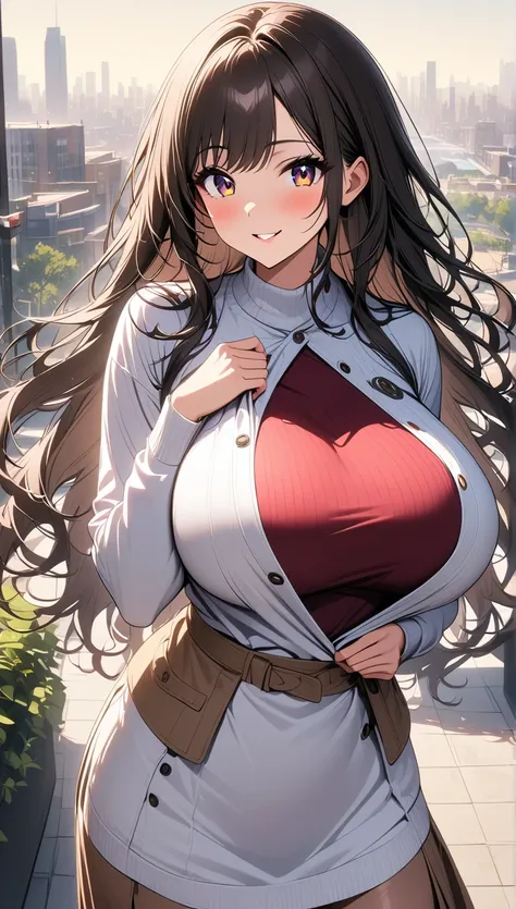       beautiful女性で、  My Big Breasts      ,    knit   , reveal,       Korean style beauty    ,       long hair,       stylish,       Neat      、VERY BIG BIG BREASTS       :1.3、、  get dressed、 、、      beautiful、 smile、Front    、near、city