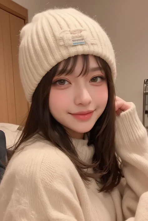  A beautiful Japanese woman takes selfies indoors 、 fills the frame with a close-up shot .  She's wearing a soft cream knit hat with a delicate cable knit pattern,  tilts slightly and has a playful expression .  Her comfy sweater ,  matches the tone of her...