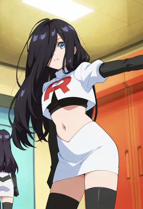 best quality, masterpiece
BREAK
1girl, natsukohirose, black hair, long hair, blue eyes,
team rocket,team rocket uniform,white skirt,red letter R,crop top,black thigh-highs,black elbow gloves, cowboy shot,
indoors