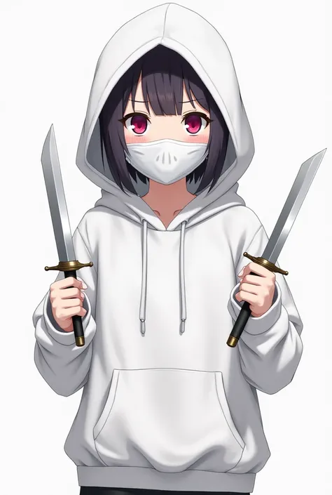  anime girl,  looking directly at ,  wearing a white sweatshirt, White hood,  with a serious expression , a white mask covering the mouth and nose, detailed pink eyes , holding two daggers in each hand .
