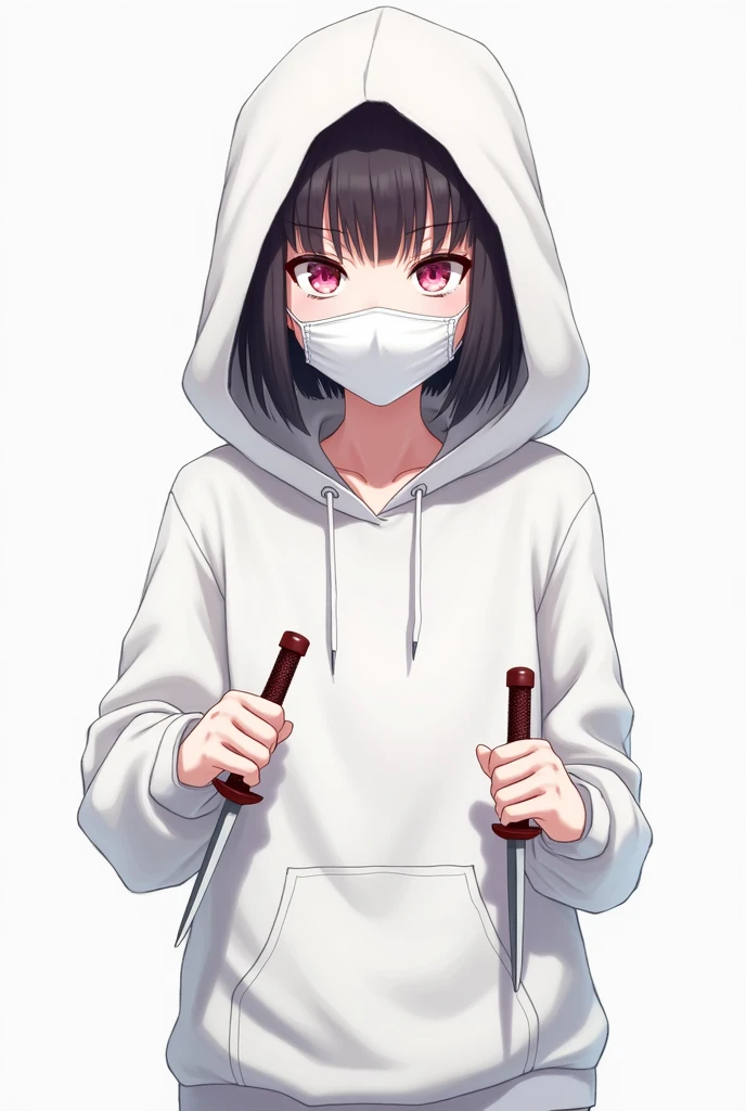  anime girl,  looking directly at ,  wearing a white sweatshirt, White hood,  with a serious expression , a white mask covering the mouth and nose, detailed pink eyes , holding two daggers in each hand .
