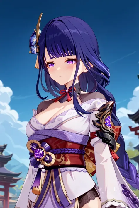 Raiden Shogun, genshin impact, dark purple hair, long hair, purple eyes, purple kimono, long sleeves, big breasts, shy