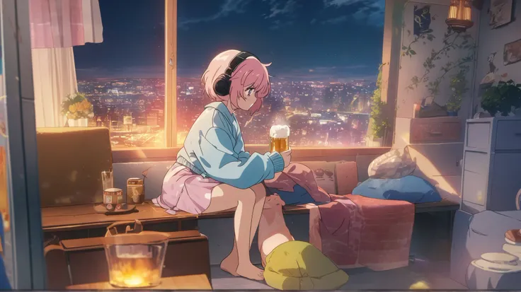 Unicorn Hikaru An anime girl wearing headphones is sitting at the window and drinking beer。 candle ナイト。 pink short hair、Similar to Ryoko Hirosue、 barefoot、 Lofi Girl ,  anime atmosphere , Lofi Artstyle,  anime style 4k with AK5 rifle, Anime aesthetics, Nig...