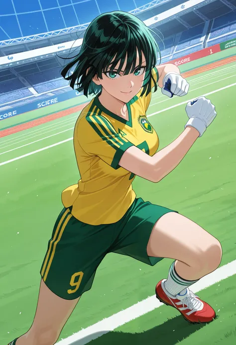 masterpiece, best quality, amazing quality, anime screencap. BREAK. Fubuki_(One-Punch_Man), Brazilian_national_football_team_uniform, 2002_FIFA_World_Cup, soccer_uniform, anime_character, female, long_hair, blue_eyes, white_gloves, green_shorts, yellow_shi...