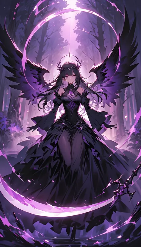 A full-body depiction of a mystical dark fairy with shoulder-length black hair, hovering just above the ground in a moonlit forest at night. She has an eerie yet graceful presence, her translucent wings faintly shimmering with dark violet hues. She wields ...