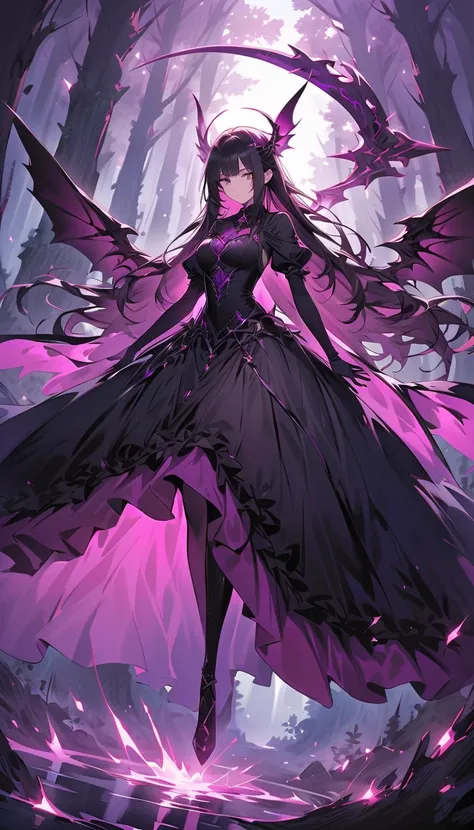 A full-body depiction of a mystical dark fairy with shoulder-length black hair, hovering just above the ground in a moonlit forest at night. She has an eerie yet graceful presence, her translucent wings faintly shimmering with dark violet hues. She wields ...