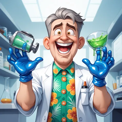 a short yellow mad scientist (spiked gray hair, goggle, insane laugh, white lab coat, rubber gloves, hawaiian print shirt, white lab coat, cartoonish ugly yellow man with big eyes, gadgets and gizmos), he is in his rough hewn cavern laboratory mixing glowi...