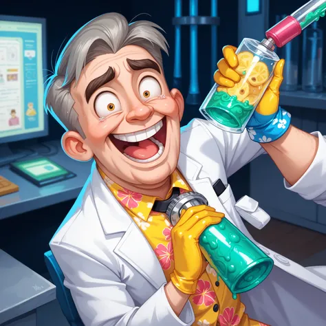 a short yellow mad scientist (spiked gray hair, goggle, insane laugh, white lab coat, rubber gloves, hawaiian print shirt, white lab coat, cartoonish ugly yellow man with big eyes, gadgets and gizmos), he is in his rough hewn cavern laboratory mixing glowi...