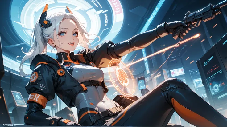 "Create an anime-style artwork featuring a character with long white hair in a futuristic outfit. The character should be surrounded by abstract, circular, and mechanical elements with a sci-fi or cyberpunk vibe. Add motion effects to the character's outfi...