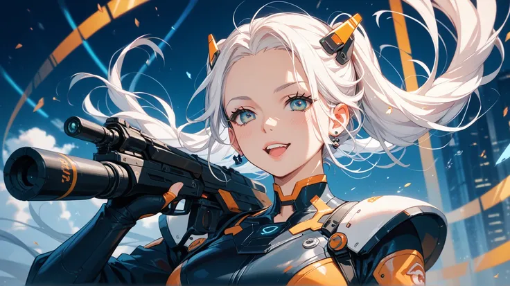 "Create an anime-style artwork featuring a character with long white hair in a futuristic outfit. The character should be surrounded by abstract, circular, and mechanical elements with a sci-fi or cyberpunk vibe. Add motion effects to the character's outfi...