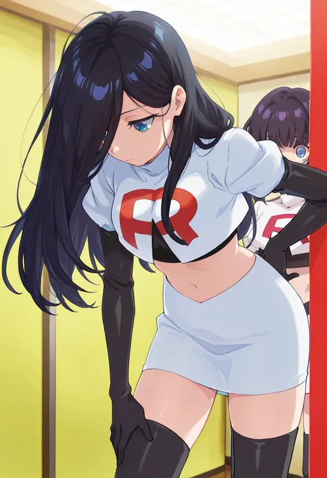 best quality, masterpiece
BREAK
1girl, natsukohirose, black hair, long hair, blue eyes,
team rocket,team rocket uniform,white skirt,red letter R,crop top,black thigh-highs,black elbow gloves, cowboy shot,
indoors