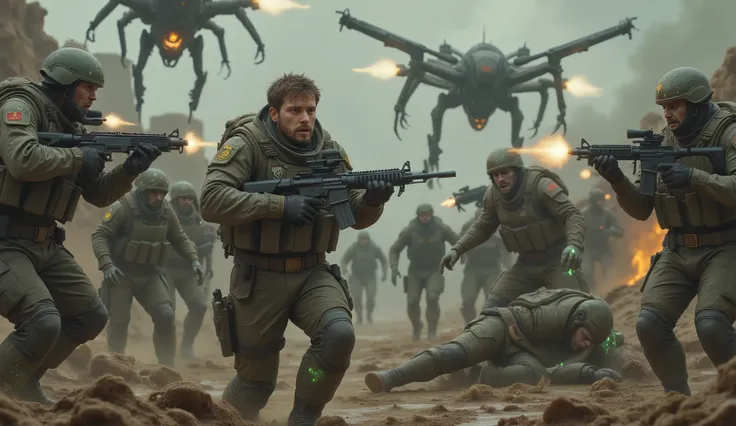 A group of human soldiers in tactical gear (gray and olive green) fights desperately against alien drones and biomechanical creatures. Their weapons glow faintly as they fire, but the shots have little effect on the aliens' durable exoskeletons. The soldie...