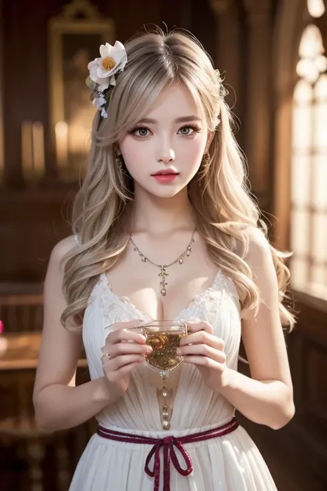  One Girl ,  long hair, Light Hair Color,  enchanting eyes,  Mysterious Expressions , Mature Appearance, Attractive dress,  Relaxed Dress, Graceful Jewels , Intricate decoration, Magic symbols, Glowing Accessories,  potion , Scroll, Cute accent, bow, ribbo...