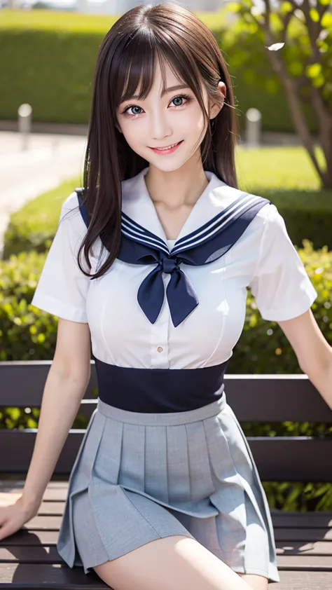 ((​masterpiece)), (( top quality)), photo,  2/3 upper body portrait,　sailor student uniform、the most beautiful girl, very slim、light weight, slim waist, small hip, small face, long limbs, realistic、big round breast, detailed skin, detailed crystal eyes, Be...