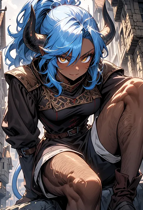  alone, female, close up,  dark brown skin , Muscular,  golden eyes, wild hair,  blue hair,  medium hair,  ponytail ,  curly hair,  wide shoulder leather jacket,  curved black horns , very high,  big boobs,  simple and tight medieval shirt, shorts justos, ...