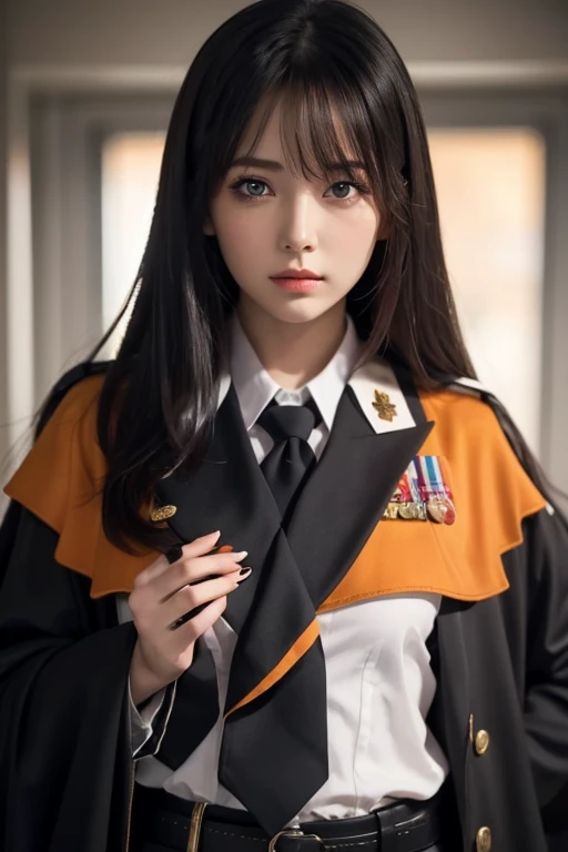  white **-****-*** girl with long black hair is wearing a military uniform,  Orange Cape , Big hazel eyes,  Science Fiction , Dark mood, charturnerv2