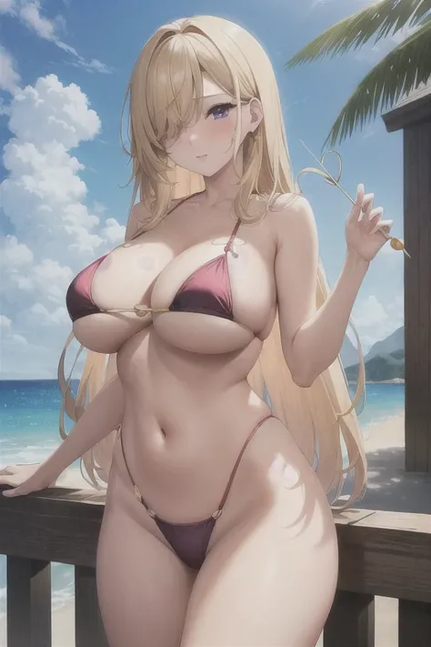 masterpiece), best quality, expressive eyes, perfect face,  (best quality), (masterpiece), view from below, mommy, standing, showing off, nice body, ,  big boobs, frey_motgd, gyaru, bikini, innerboob, slingshot bikini, showing boobs, , hot, ((gradient hair...