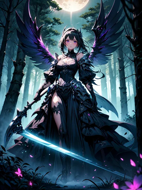 (((masterpiece))) (((best quality)))(((16k)))A full-body depiction of a mystical dark fairy with shoulder-length black hair, hovering just above the ground in a moonlit forest at night. She has an eerie yet graceful presence, her translucent wings faintly ...