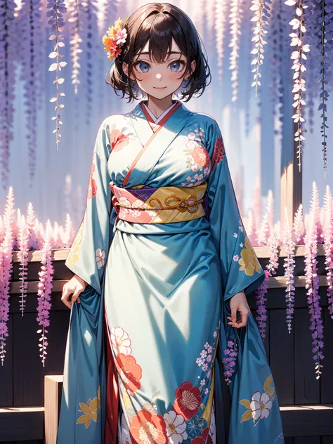  exquisite lighting 、Countryside shrines,  Clear sky with white clouds , Expensive Kyoto Kimono Outfits ,   Nishijin weaving、 big breasts、 big hips 、 Kimonos with Skillful Flower Patterns,Kimono with wisteria flower pattern ,  blur the background, Young Gi...