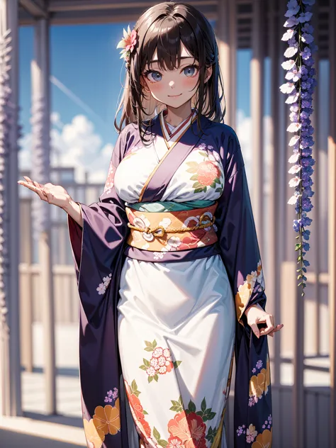  exquisite lighting 、Countryside shrines,  Clear sky with white clouds , Expensive Kyoto Kimono Outfits ,   Nishijin weaving、 big breasts、 big hips 、 Kimonos with Skillful Flower Patterns,Kimono with wisteria flower pattern ,  blur the background, Young Gi...