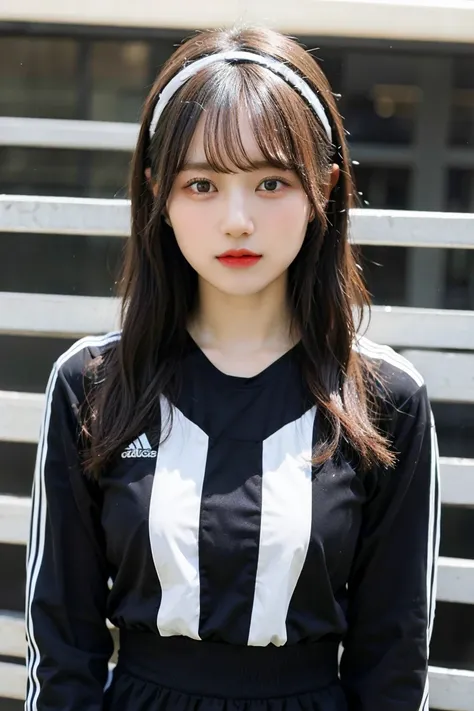 1 beautiful girl , masterpiece, high quality, best quality, extremely detailed,(((wearing black and white stripe soccer wear))),hairband ,((Ample Breasts)), Diminutive Height