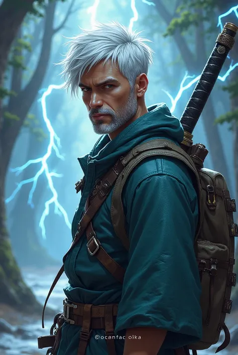 Create a man of about 24 years old with white hair and a shaved beard who is a novice adventurer, And that it has a Japanese katana from the element of lightning