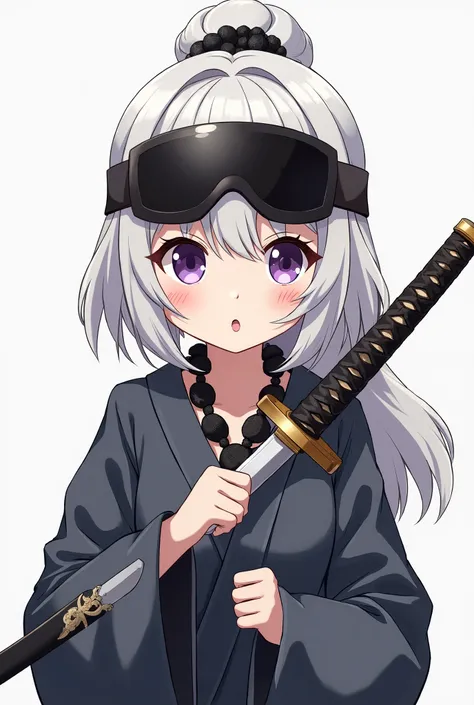 Very cute female cuddly female character shamefully makes her white hair tied with bangs 
Wearing black ski goggles over her head makes her embarrassed and shy 
White skin color a shadow on her forehead a black rock necklace around her neck makes her holdi...