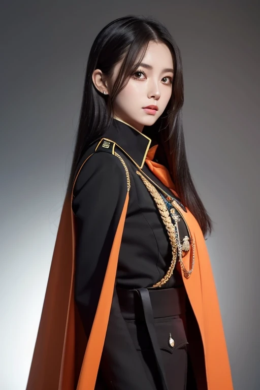 white **-****-*** girl with long black hair is wearing a military uniform, Orange Cape , Big hazel eyes, Science Fiction , Dark mood,