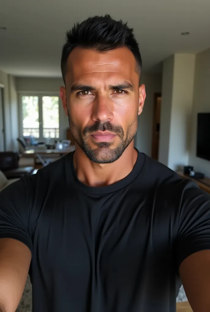 Robust Bolivian male bodybuilder, 47 years old brown and copper skin,  developed muscles, beardless face,Very short black hair cut to the root,Wear a black cotton t-shirt,  the image is a selfie only of his face in the foreground,  in the background you ca...