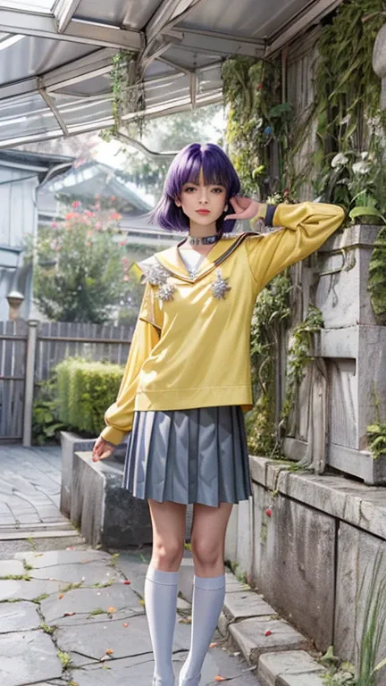 (  ultra-realistic  ,32K,   masterpiece :1.2),(  Leather with attention to detail:1.1),(  high quality :1.1),
Sailor Saturn , Open your mouth  ,purple hair, tiara,  Sailor Soldier Uniform ,  Sailor color purple  ,   pleated skirt  ,   Elbow hand pockets  ,...