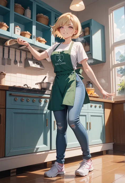 1 woman 1 girl ,   blonde , pink eyes, I'm wearing a brown t-shirt, green apron over t-shirt, jeans with holes,  white sneakers ,  smiles,whole body,  Hi-Res,  hitting nails on toes , 8k,  Masterpiece, shortcut hair invisible in steam,  Hi-Res,  hitting na...