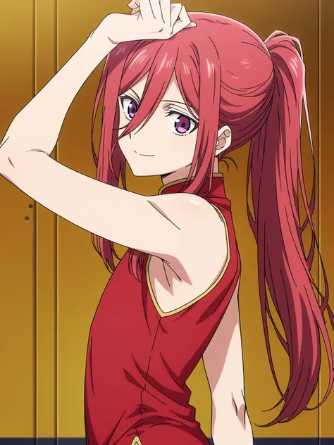 score_9, score_8_up, score_7_up, source_anime, anime screencap, 1boy, solo, chigiri hyoma, red hair, eyebrows, purple eyes, long hair, ponytail, hair between eyes, bare shoulders, red chinese dress, sleeveless, arm up, raised arm, armpit, looking at viewer...