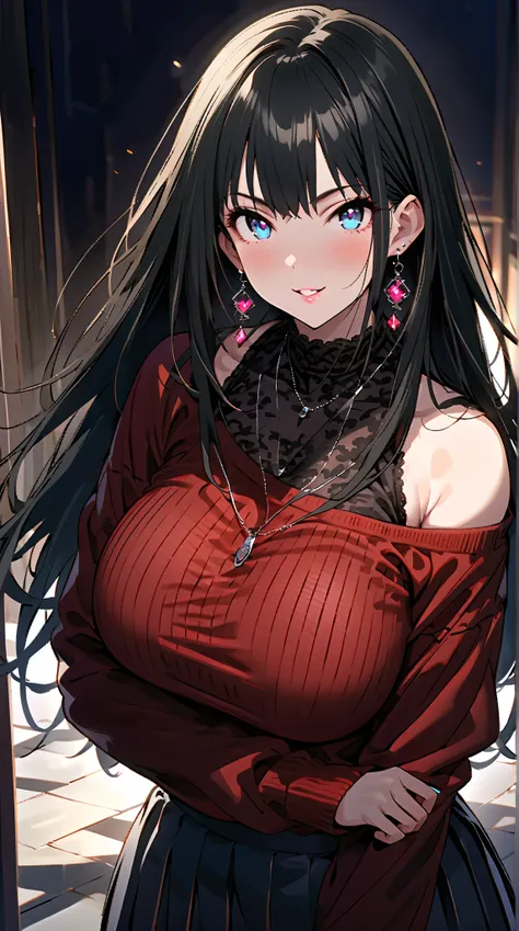 ( Masterpiece), ( portrait),  big breast (aesthetics), ((1 woman 21 years old)),  highlight earrings ), (( long hair)), (( Hot Dark Black Hair  )),   straight hair , I opened my small eyes,  blue eyes,  cute, woman, woman,  Malicious Smile ,  beautiful, wo...