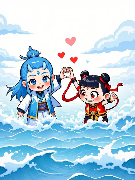 Flux Nezha Aobing's Heart Vector Illustration Style - 哪吒敖丙比心矢量插画风格