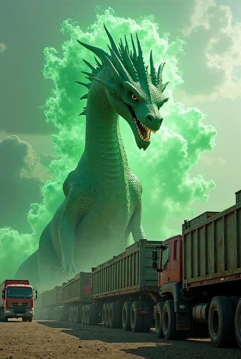 Green dragon with trucks in the background spitting green fire 