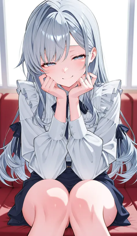  one woman、Gray Hair、Intake、Thin blue-gray eyes 、 with semi-closed eyes 、 shy expression、 Half Twin Hair 、 wave hair、 frill、ribbon、Long sleeve clothes、 indoor、 Sitting、 smile、 watching here、 Gypsophila 、

 Masterpiece、 top quality、