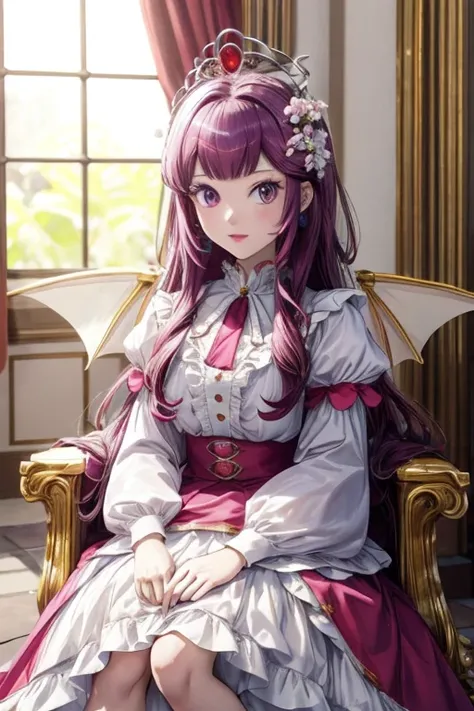  girl with long purple and red hair , Red purple eyes , ,  black legging with white and light blue skirt, cola , , Dragon Crown Tiara, with a flower in her hair ,  full body cap,  inside a castle in the throne room, Sit on the throne ,  bright white skin ,...