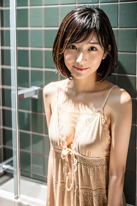 35-year-old Japanese woman with beautiful breasts and short black hair、whole body、 high image quality、 shower