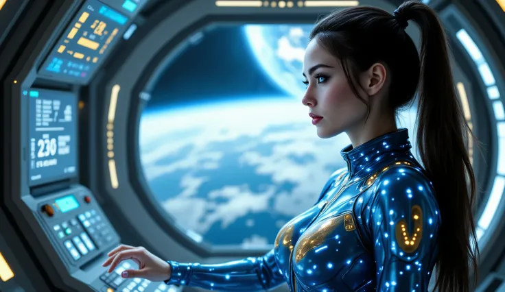 The image shows a young woman on a futuristic space station. She is wearing a blue metallic suit, a transparent gold second skin, with small blue lights running through the suit monitoring her physical condition, and a high collar and long sleeves. She has...