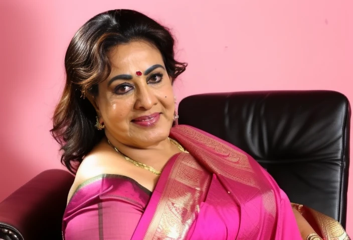 Full shot of sexy mature milf ,  She is wearing pink saree , sitting in chair ,black background leshy figure,cougar lady , extremely gorgeous, thick figure, heavy physique, voluptuous, curvy, sexy figure, glowing eyes,happy charming face