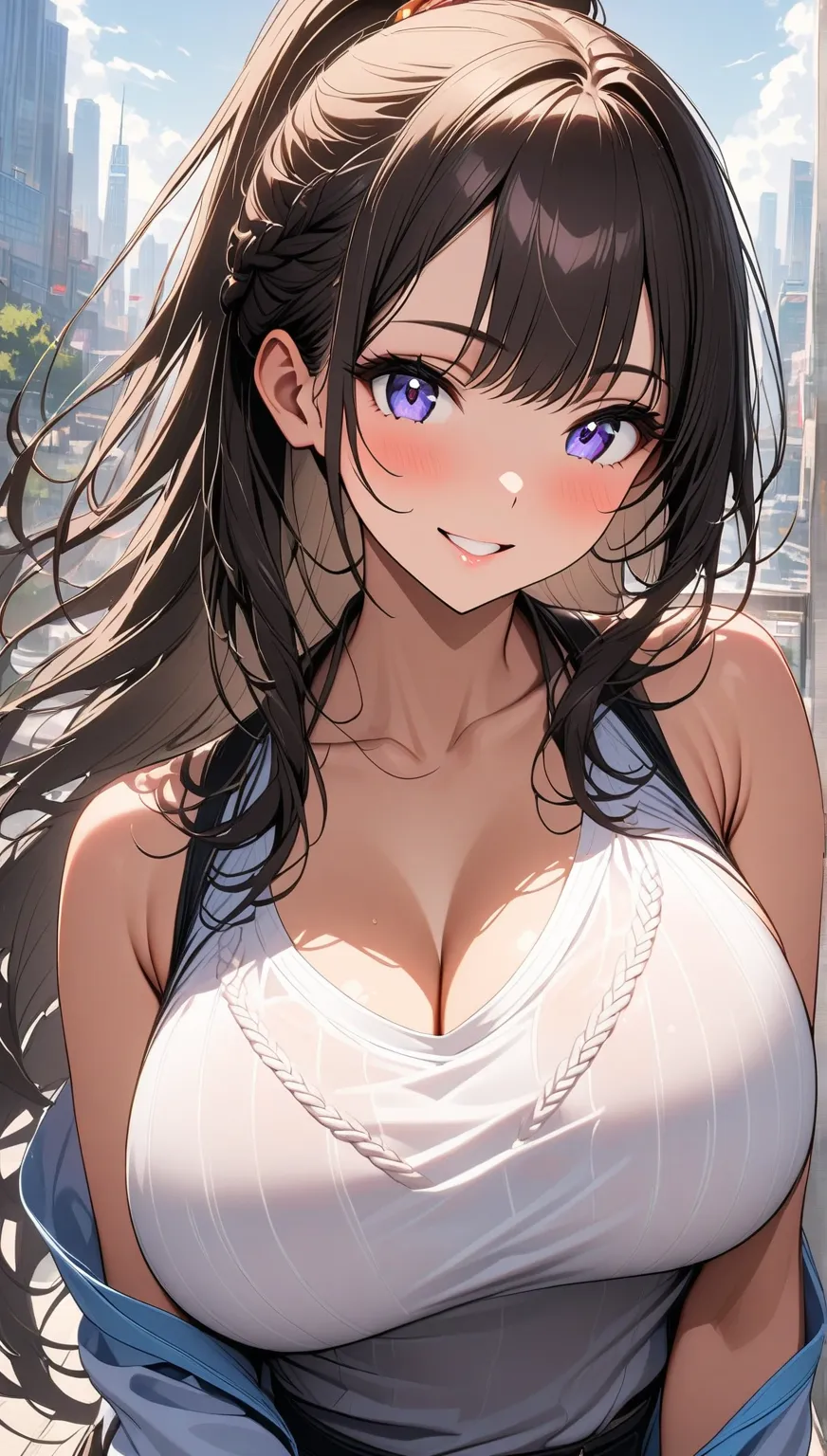       beautiful女性で、  My Big Breasts      ,    knit   , reveal,       Korean style beauty    ,       long hair,       stylish,       Neat      、VERY BIG BIG BREASTS       :1.3、、  get dressed、 、、      beautiful、 smile、Front    、near、city、ponytail hair 