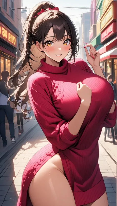       beautiful女性で、  My Big Breasts      ,    knit   , reveal,       Korean style beauty    ,       long hair,       stylish,       Neat      、VERY BIG BIG BREASTS       :1.3、、  get dressed、 、、      beautiful、 smile、Front    、near、city、ponytail hair 