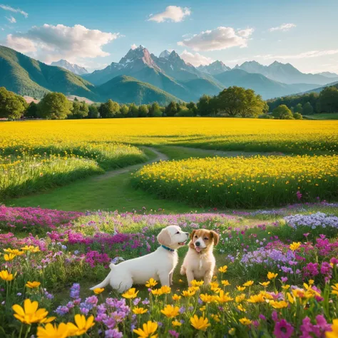 anime Beautiful colorful flower field scenery Pastel color flower field, mountains, blue sky, white clouds, diverse flowers, colorful, scenery, nature, beautiful, photo of two  puppies playing in a flower field