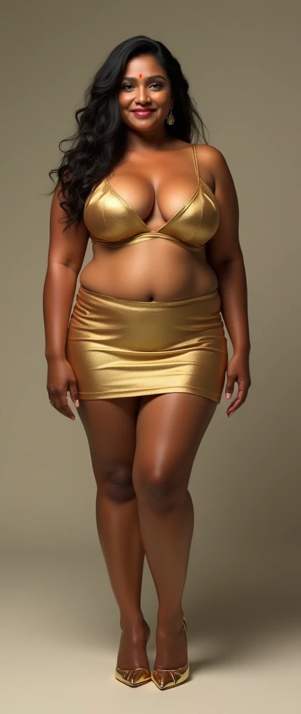 portrait of a Srilanka aunty with big boobies, black hair, wearing a golden mini short, big booty, sexy thighs, thighs visible, legs visible, golden school heels in feet, perfect thick,  Full body