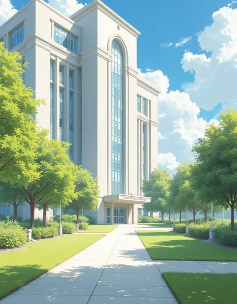 Modern preparatory school seen from the outside, ( without people)  sunny day,  Anime style,  high quality 