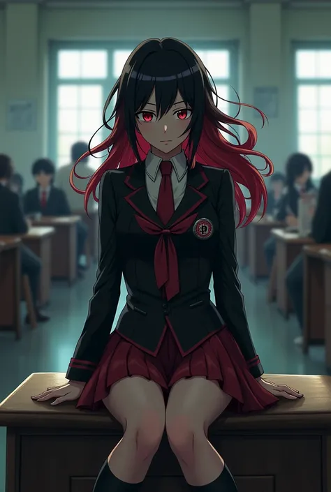  Screenshot My Hero Academia. Black movie girl with red locks would look like, Sitting on a bench you have red eyes, wearing the UA uniform and a My Hero Academia class in the background 