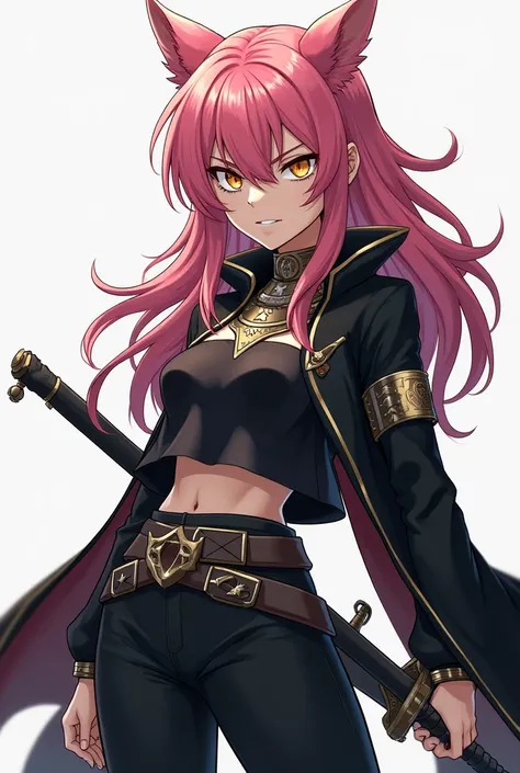  a werewolf girl anime,  Clear skin,  pink hair,  golden eyes,  black and white clothes , black and white pants, Serious and furious expression ,  wielding a heavy sword.