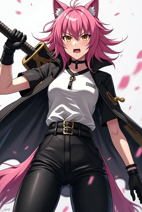  a werewolf girl anime,  Clear skin,  pink hair,  golden eyes,  black and white clothes , black and white pants, Serious and furious expression ,  wielding a heavy sword.
