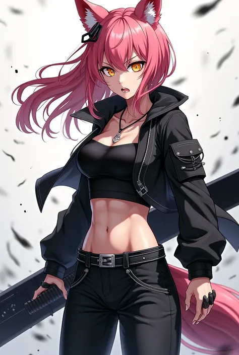  a werewolf girl anime,  Clear skin,  pink hair,  golden eyes,  black and white clothes , black and white pants, Serious and furious expression ,  wielding a heavy sword.
